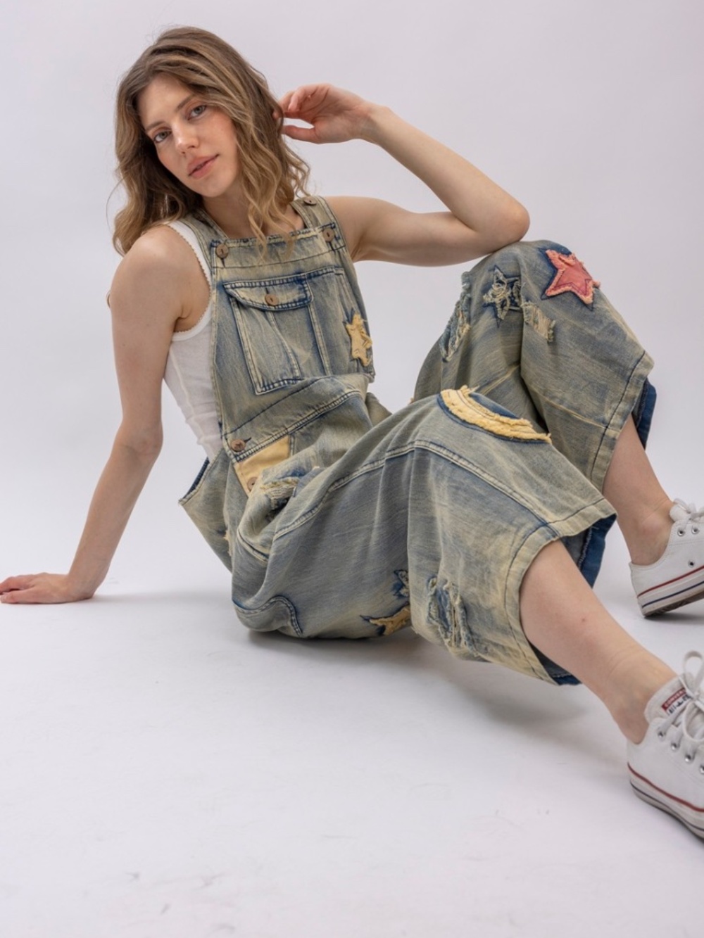 Bluevelvet Star Peace Patchwork Wide Leg Cropped Denim Jean Overalls - Picture 8 of 11